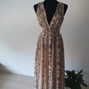 H&M Cream Tie Front Maxi Dress Plunge Neckline Sleeveless